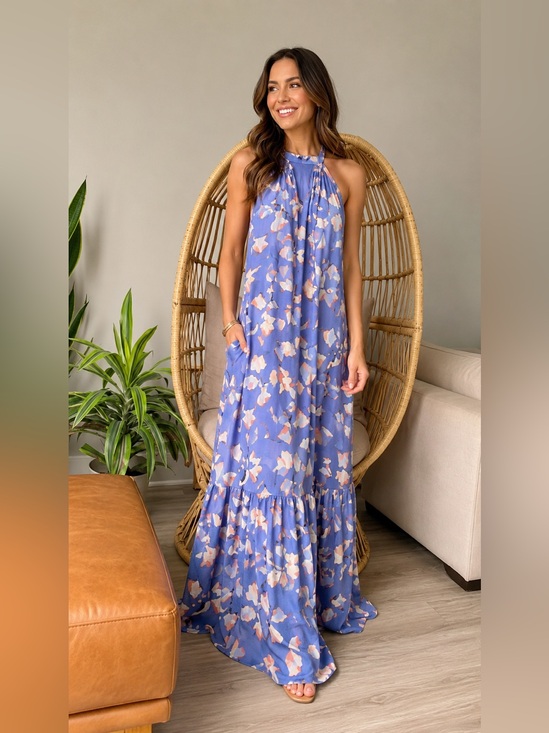 Nine West Dresses & Skirts - Nine West Dress Linen Blue and Cream Floral Maxi Dress XL
